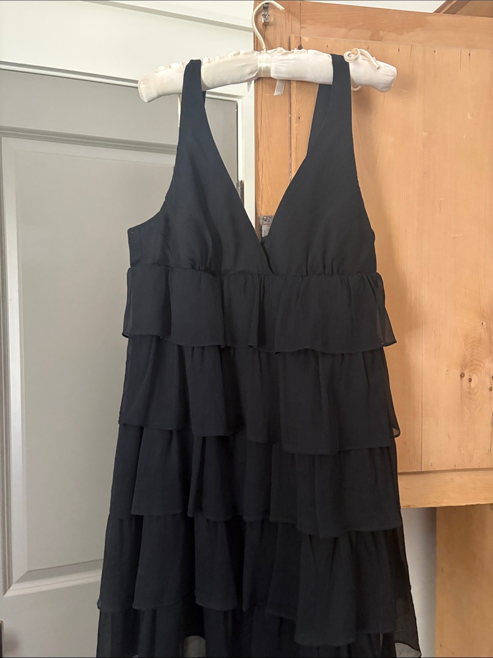 J. Crew Black Tiered Ruffle V-Neck Dress